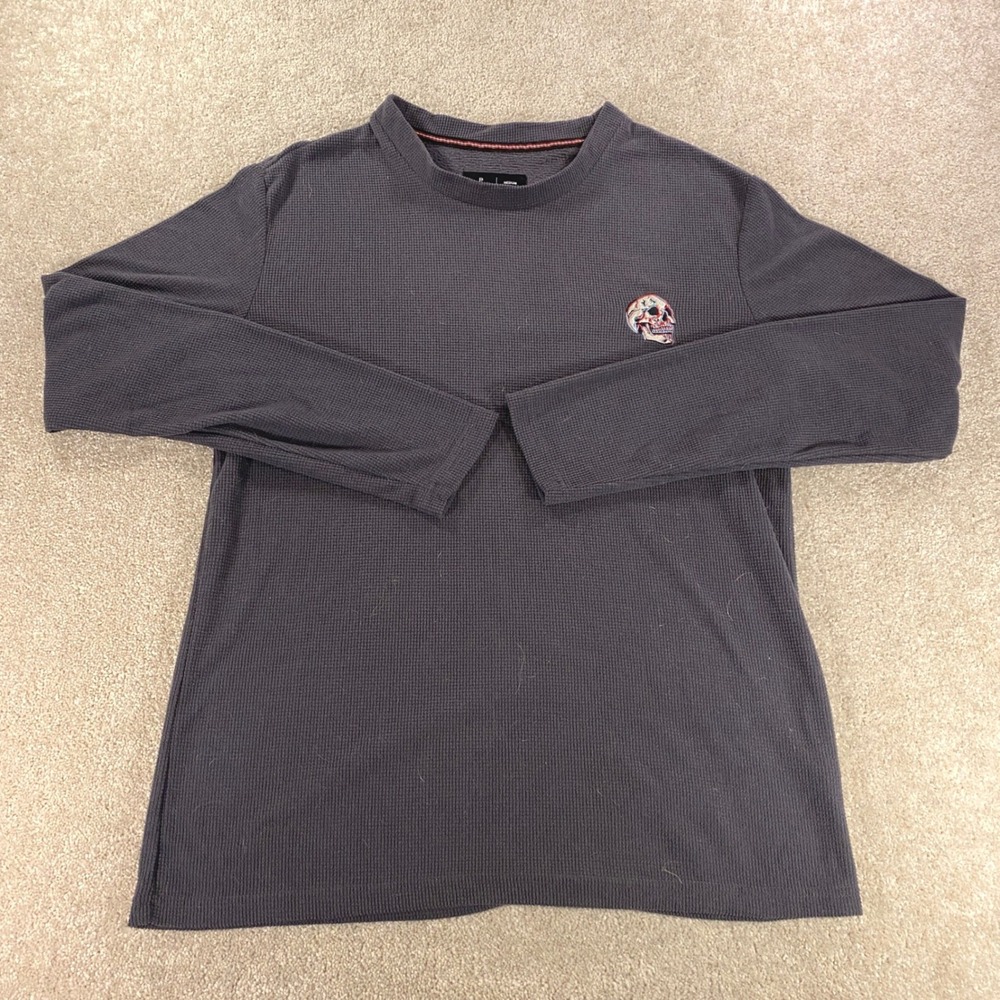 Public Record Thermal Shirt Mens Medium Charcoal Grey Skull Patch Waffle Knit